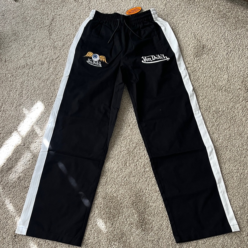 Von Dutch Black Track Pants with White Side Stripes